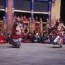 clown (atsara) and Shinje yab yum (gShin rje yab yum) dancers, (monks), Paro Tshechu (tshes bcu), 1st day, in the dzong.