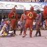 The hunter Gonpo Dorje, his servant Acho Pento with other atsara, dance of Milarepa (Sha ba sha khyi 'cham), Paro Tshechu (tshes bcu), dance arena, Paro Tshechu (tshes bcu), 2nd day