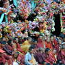 Monks gathered in the inner courtyard of the Assembly Hal ['du khang] for the morning teachings.