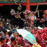 Monks and laypeople gathered in the inner courtyard of the Assembly Hall ['du khang] for the morning teachings.