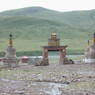 Stupas at the entrance to the valley containing the Larung Gar [bla rung gar] religious settlement viewed from inside the valley.