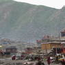 A view of the hillside with the Larung Gar [bla rung gar] nunnery from one side of the main Assembly Hall ['du khang].