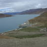 A view of Yamdrok Lake from the top of a pass.