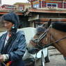 A long haired nomad man leading horses on the street.