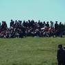Spectators sitting on hill at Lhagang Horse Festival.&nbsp;